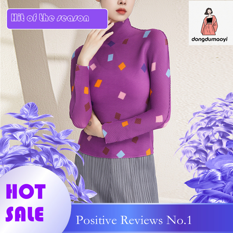 dongdumaoyi Miyake semi high neck printed top for women in spring and autumn, elastic slim fit, slimming long sleeved pleated T-shirt as base