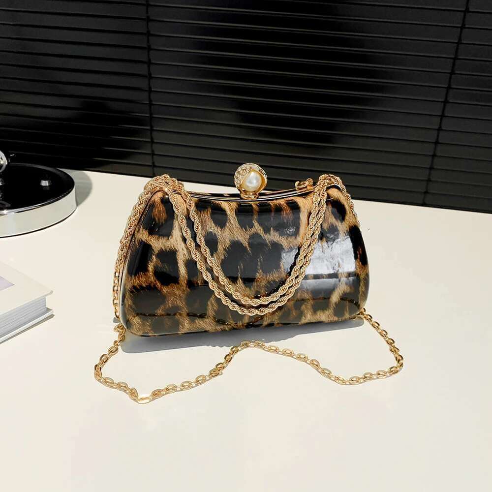 Evening Chain Leopard Women Crossbody Bag Rhinestone Handbag Top Handle Satchel for Wedding Party Prom
