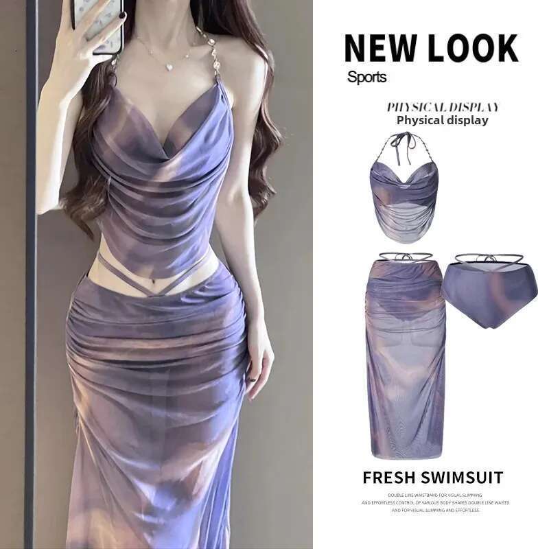 Sexy Bikini Swimwear Women's Three-Piece Set Long Dress Small Chest Gathered Steel Supportive Summer Vacation Beachwear