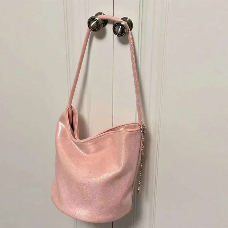 Pink Korean Brand Bucket New Shiny Leather With Sliver Round Metal High-end Designer Sweet Cute Fashion Shoulder Bag
