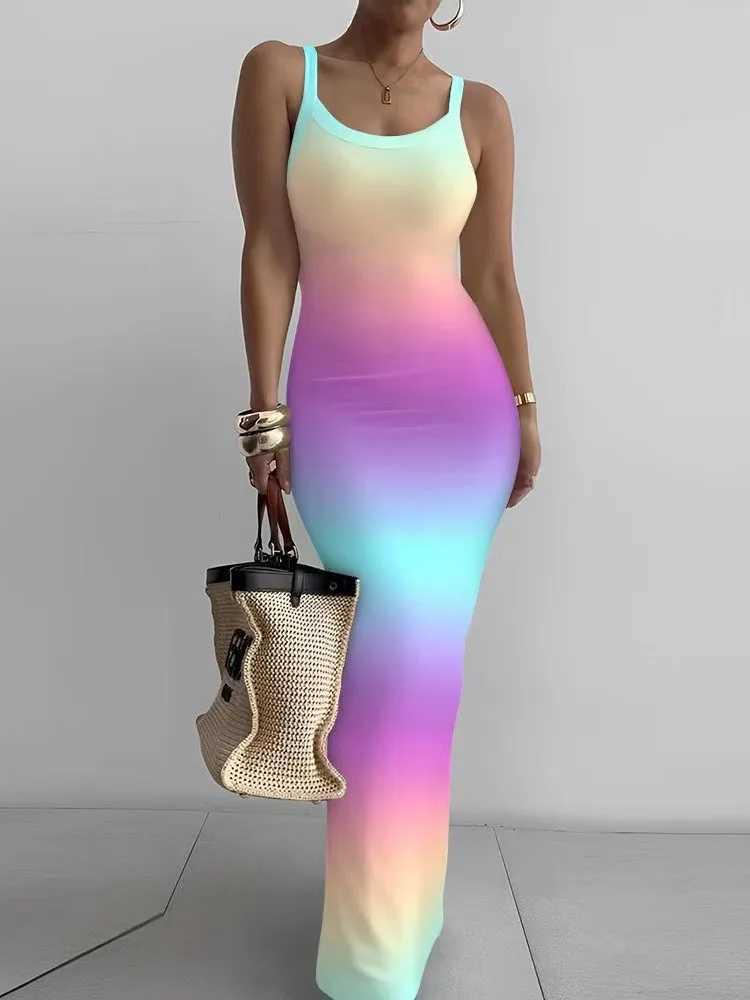 Printed Slim Sexy Spaghetti Strap Long Dresses Women Fashion Trendy Y2k Sleeveless Solid Skinny Bodycon Maxi Dresses Summer NewXJ250514