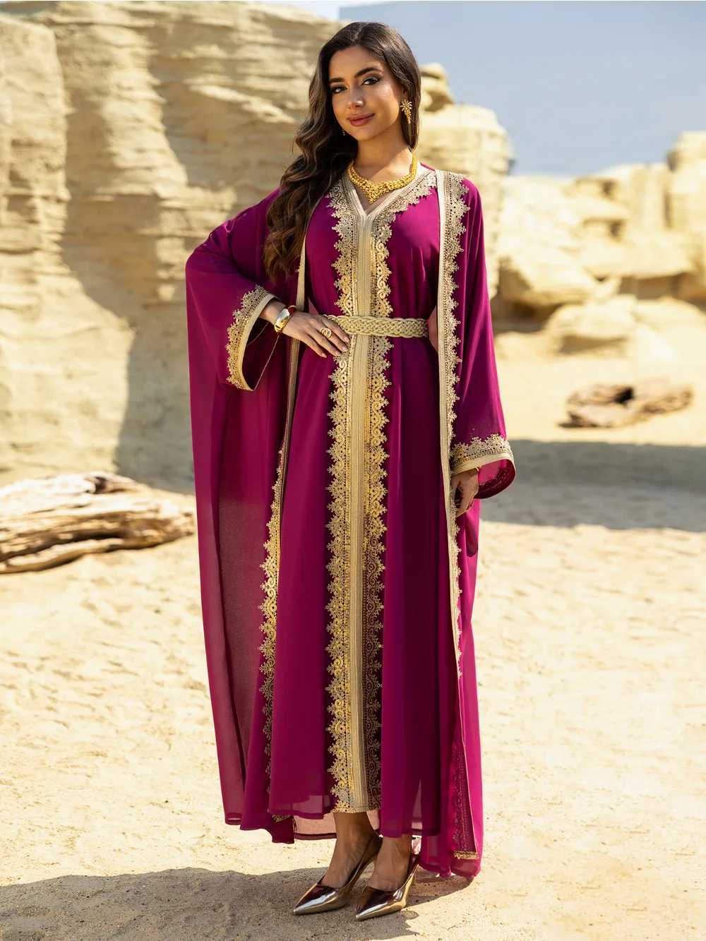 Eid Women Abaya Dress Muslim 2 Piece Set Cardigan with Inner Dress Lace-up Robe Caftan Robe Jalabiya Ramadan Morocco Kaftan 2025 X2505141