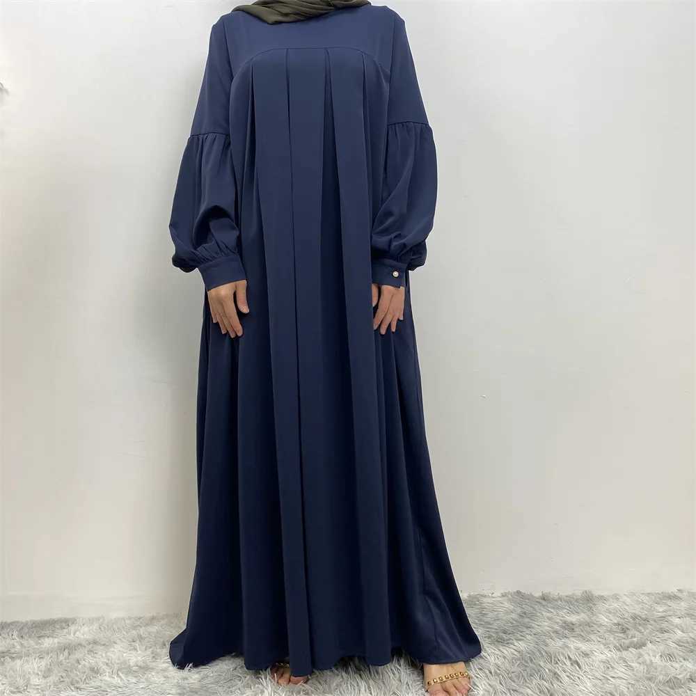 Muslim women elegant fashion dress Arab Turkey round neck gown dress pure color Islamic long dress with pockets X250514
