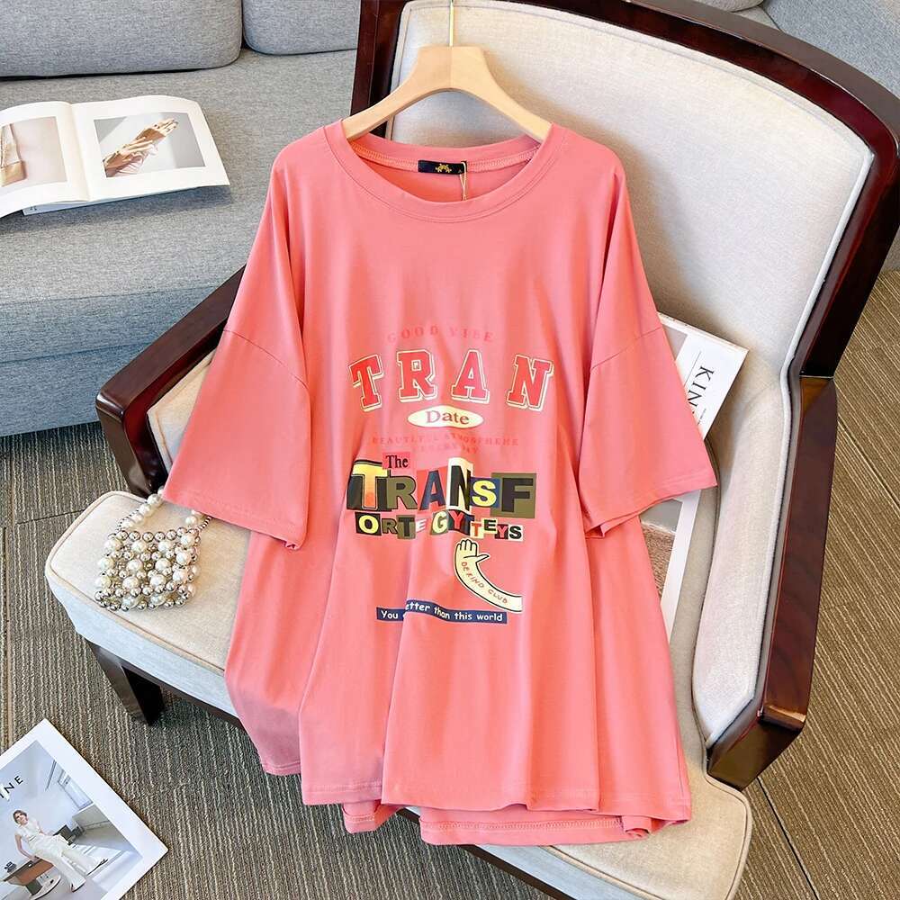 Summer Plus Size Women's Round Neck Letter Printed T Shirt Pink Green Casual Loose Medium Long Short Sleeve Outdoor Street Tops