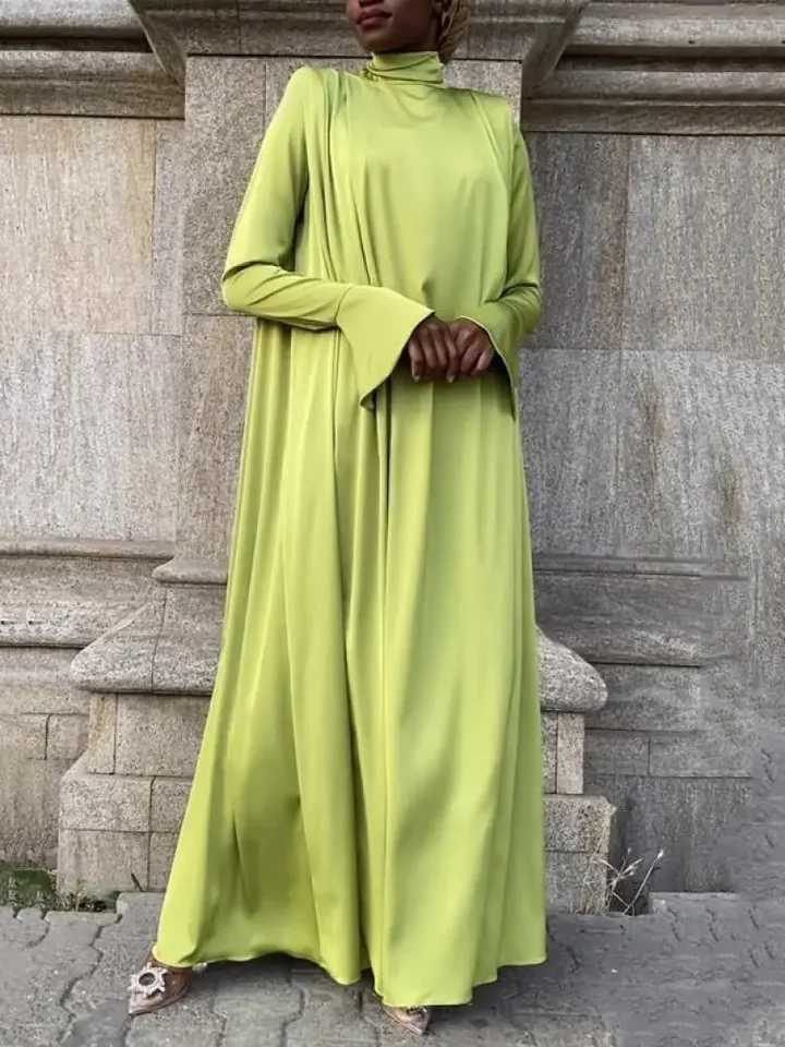 Middle East Arab Muslim Female High-Neck Elegant Evening Long Dress 2025 Spring Autumn Flared Sleeves Kaftan DressesXJ250514