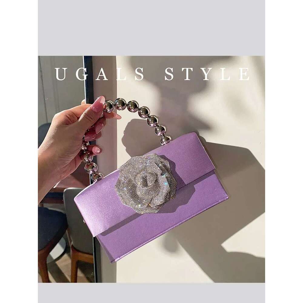 Rhinestone Rose Handbag For Women Designer Flower Boutique Bling Crystal Satin Clutch Purses Top Quality Wedding Party