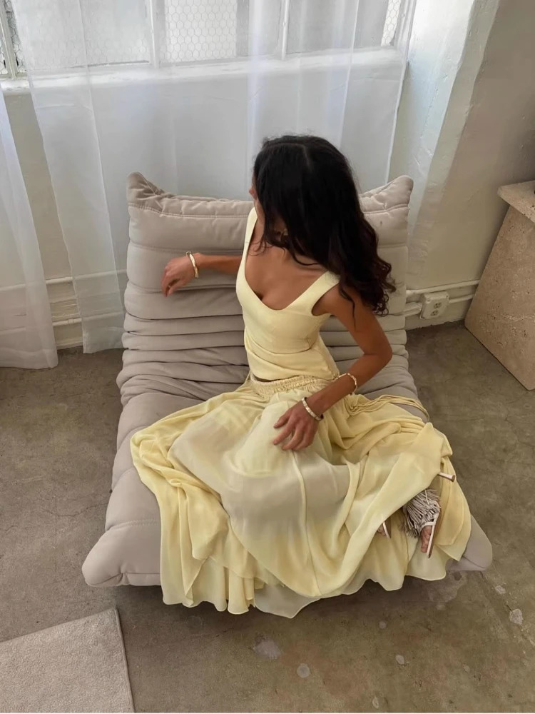 ZBZA Womens Circle Chiffon Skirt Sheer Crepe High Waist French Loose Asymmetric Maxi Summer Female Chic 250514
