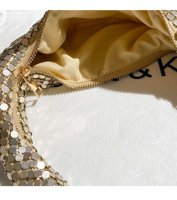Gold Metal Mesh Shoulder Underarm Bling Shiny Sequins Evening Bag Women's Handbag Wedding Party Clutch Purse Female Armpit