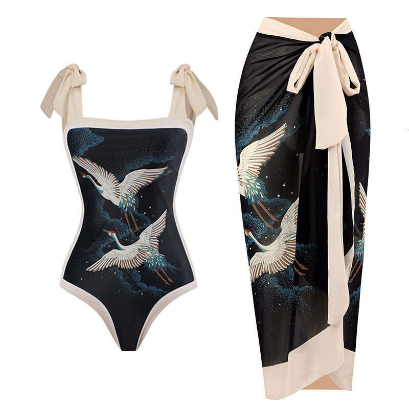 New European and American retro printed women's conservative one-piece chiffon cover two-piece swimsuit set 2025 new style chic elegant clothing