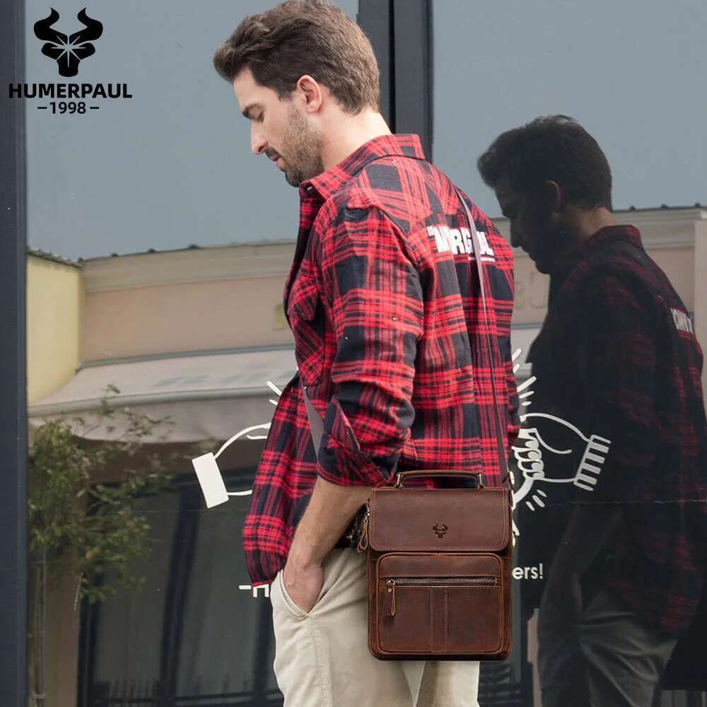 HUMERPAUL Full Grain Leather Shoulder Retro Business Crossbody For Work Large Capacity Male Messenger Travel Bag