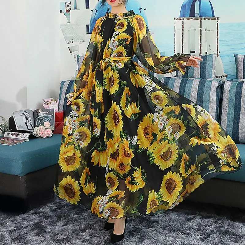 2023 Boho Beach Sunflower Print Maxi Dress Fashion Women Long Dress Full Slve Party Holiday Muslim Travel Photo Vestidos Robe X250514