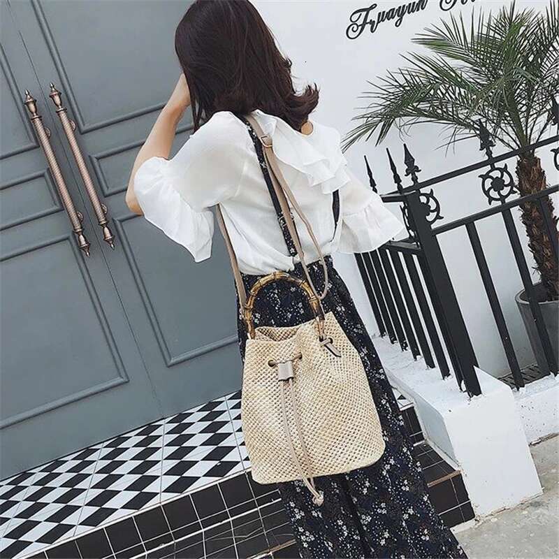 Summer Straw Handbag Women Rattan Handmade Bucket Large Capacity Shoulder Woven Messenger Hard Top-Hanlde Beach Bag