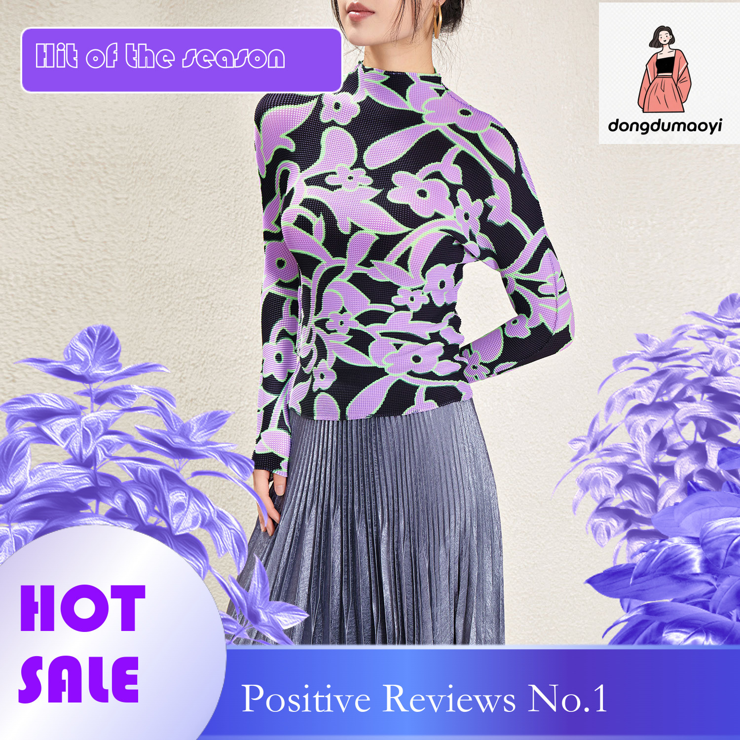 dongdumaoyi Elastic slim fit slimming long sleeved pleated T-shirt base, new Miyake semi high neck printed top for women