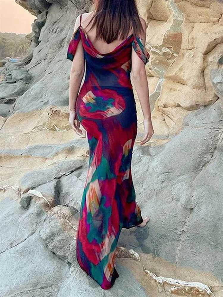 Womens Print Mesh Long Dress Off Shoulder Spaghetti Strap Low Cut Pleated Dress Evening Party Club Beach Sexy DressesXJ250514