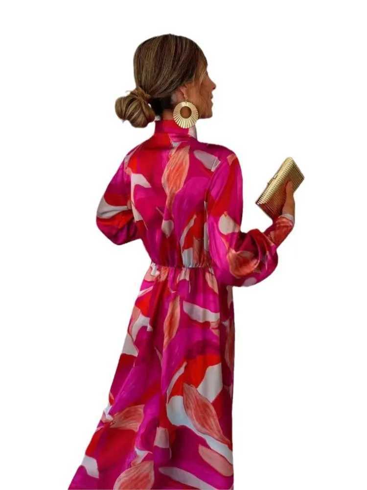 2024 Autumn New Print Dresses Women Long Sleeve V-neck Leace-up Slit Dress Fashion Temperament Elegant Lady Commuting DressesXJ250514