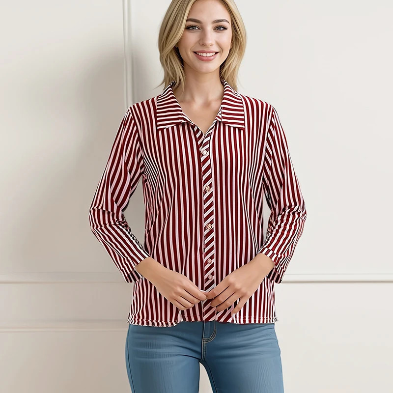 Plus Size Seethrough Striped Single Breasted Top Shirt And Blouse Women Clothes Three Quarter Sleeved Fashion Thin Casual Trend 250514