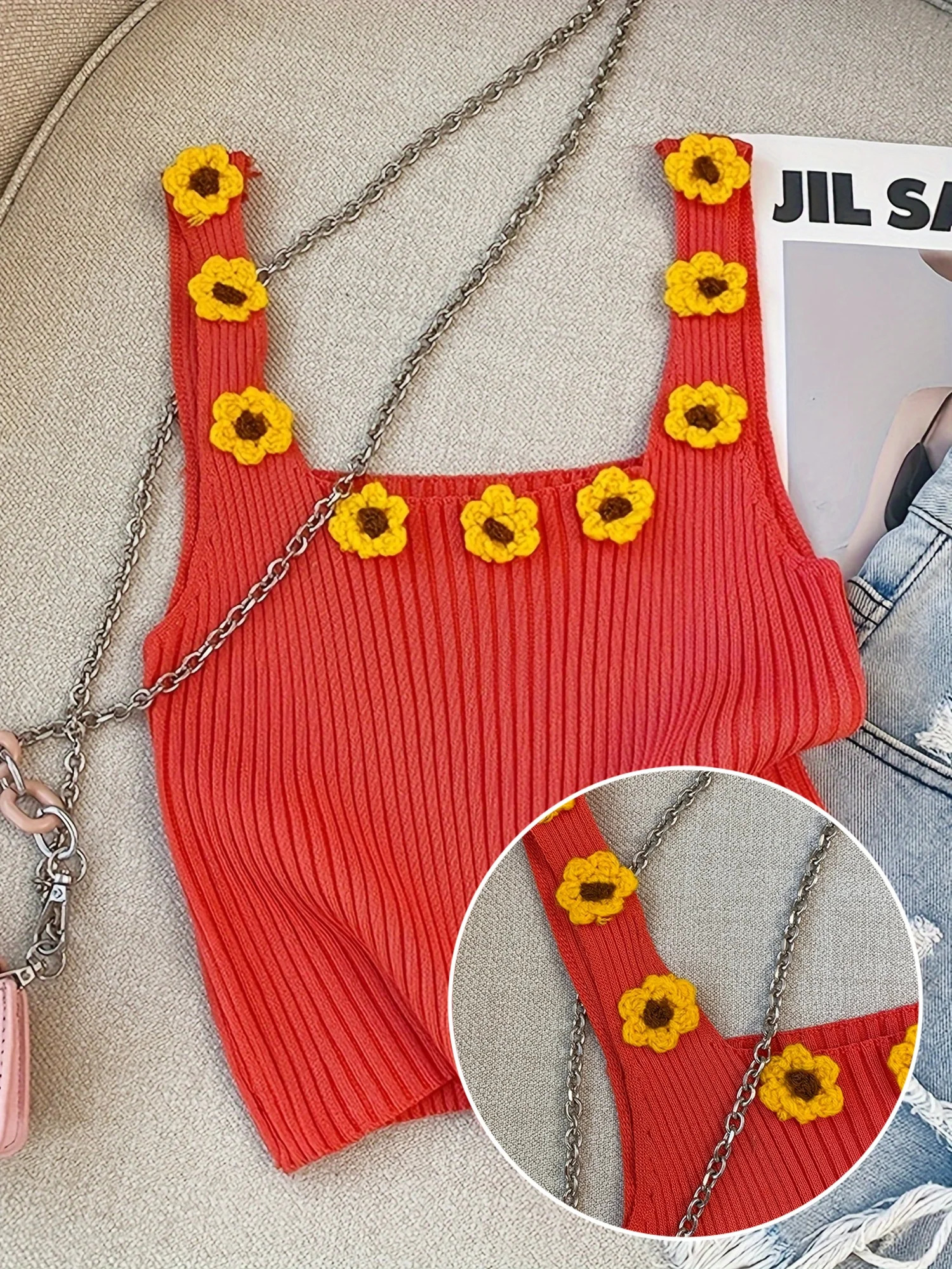 2025 Summer Knitted Sunflower Decorative Vest Sweet Square Neck Sleeveless Crop Top Womens Clothing Camis y2k 250506