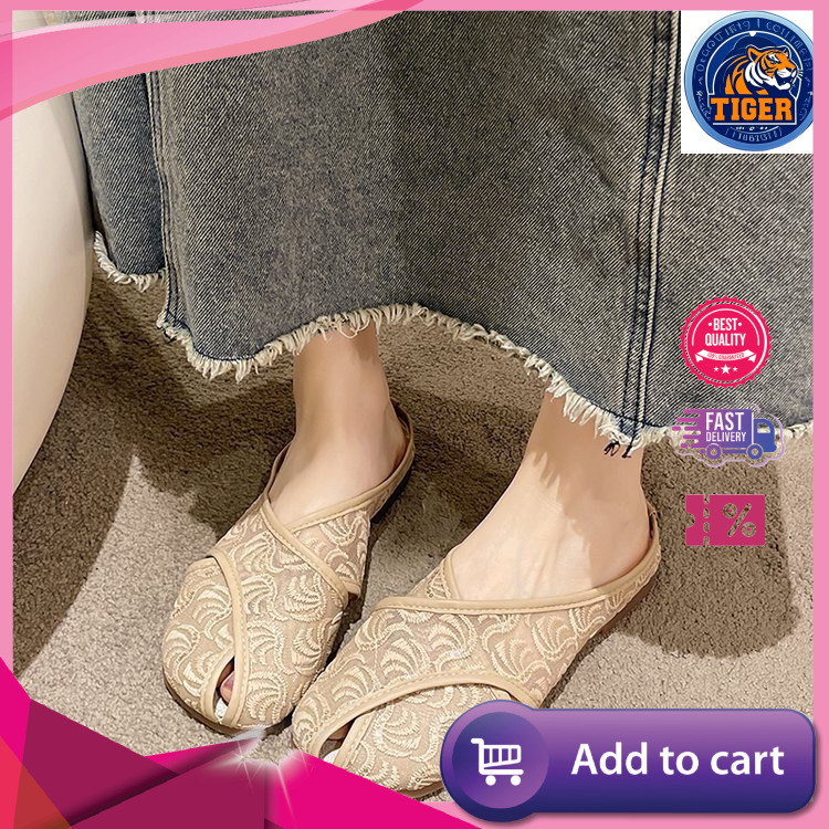 Ddmytiger Chinese Embroidered Comfortable Bun Half Trailer Summer New Flat Bottomed Ethnic Style Casual Slippers For External Wear Outdoor Shoes