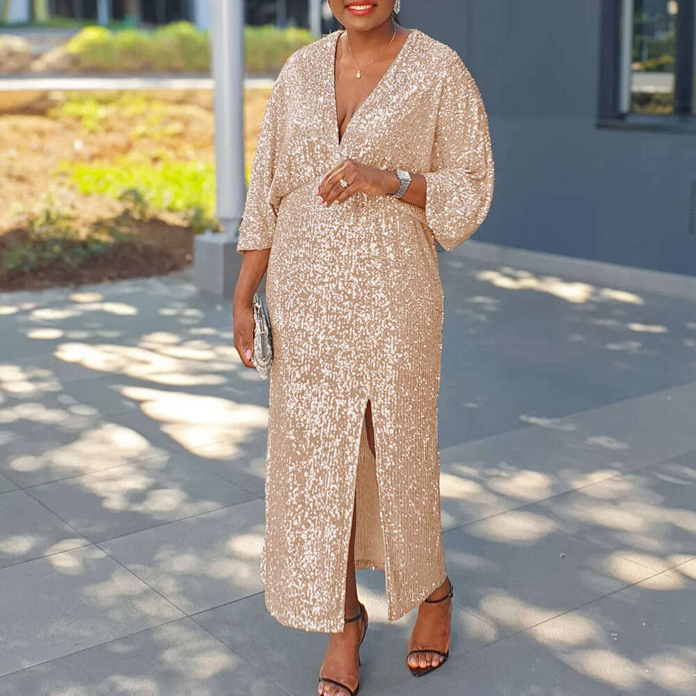 Women's Wear Women's Wear Women's Autumn New Item Loose V-Neck Fashionable Sequin Slit Long Skirt Plus Size Dress