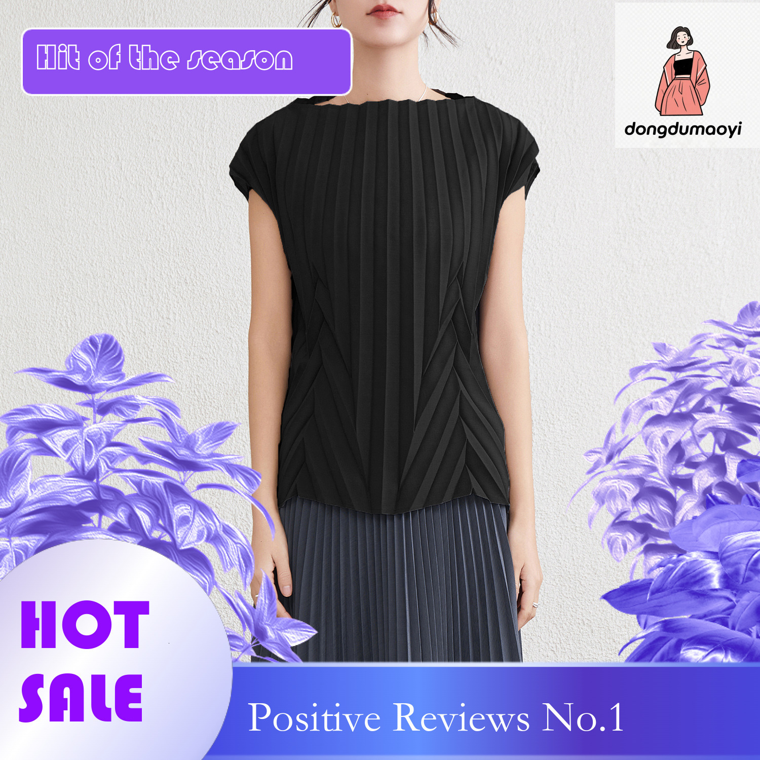 dongdumaoyi Miyake Simple Shirt T-shirt 2025 Summer New Design Sense One Word Neck Loose and Slim Solid Color Top for Women