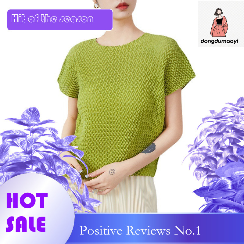 dongdumaoyi Miyake women's pleated top 2024 summer bubble sleeves versatile round neck fashionable casual slimming temperament T-shirt