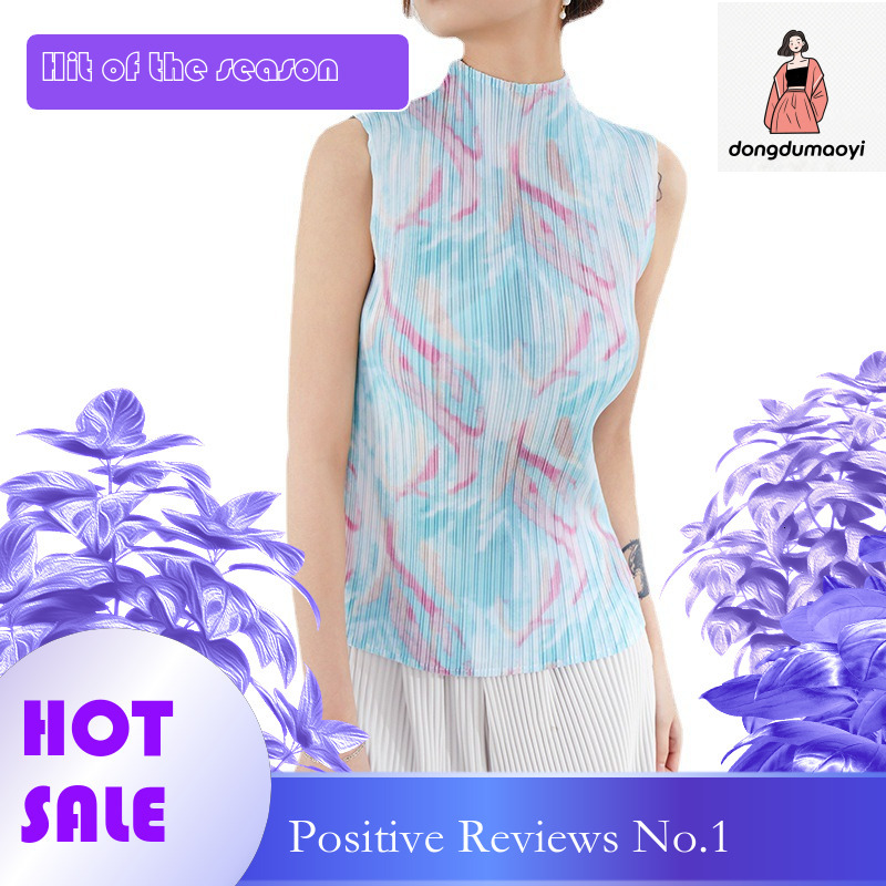 dongdumaoyi Wrinkled top thin pullover half slim fit sleeveless printed yellow elastic round neck temperament commuting vest t-shirt