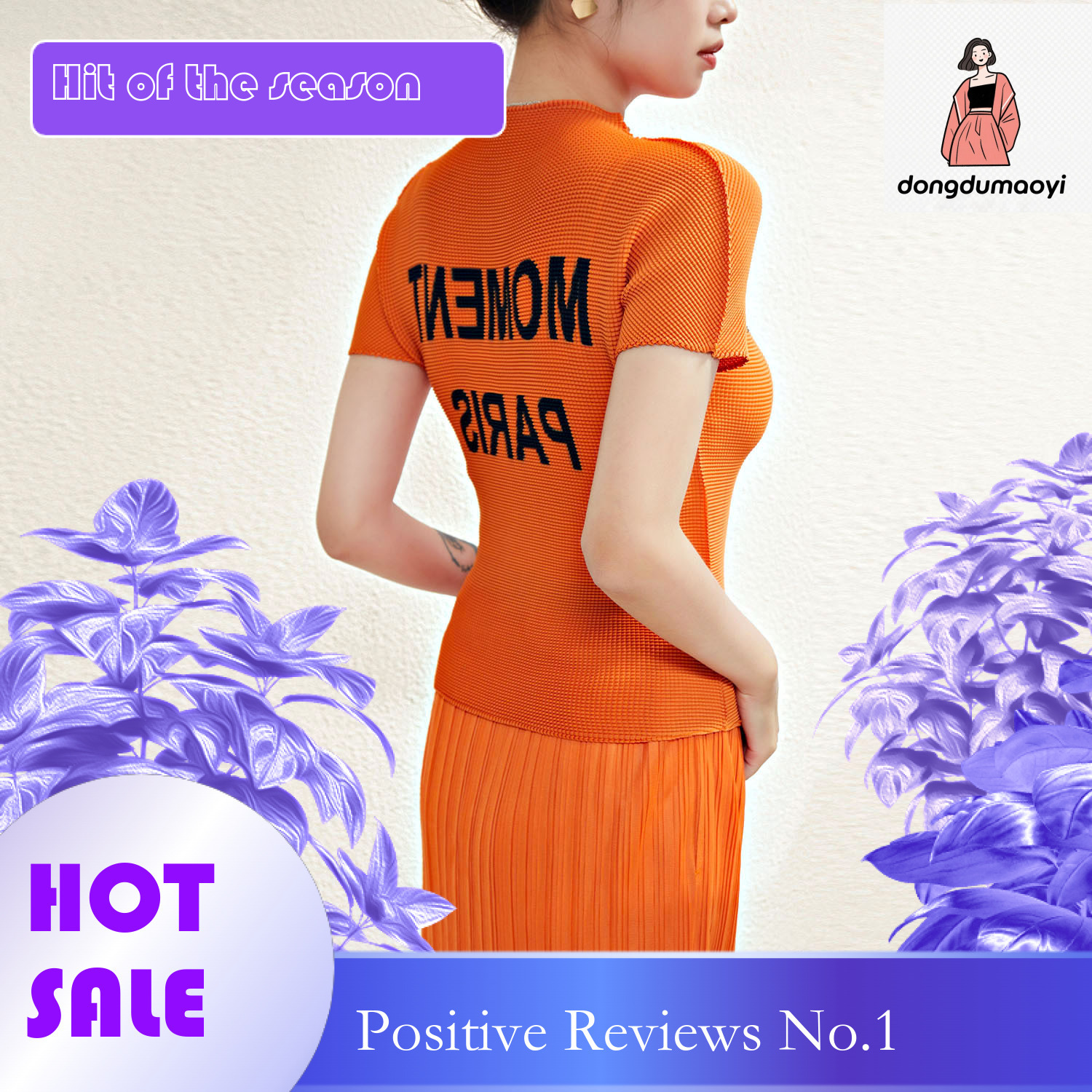 dongdumaoyi Miyake slim fit top for women's summer design, letter print, Western style, slimming half high neck short sleeved T-shirt thin