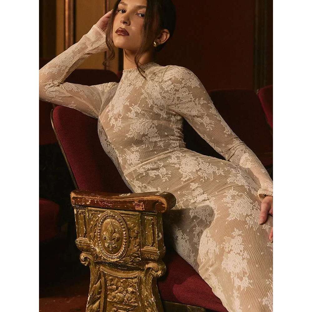 Mozision Lace Print Sleeve Sexy Maxi For Women White Zipper Half High Collar Bodycon Fashion Elegant Long Dress