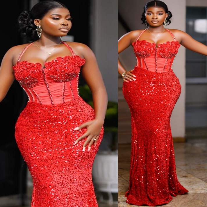 Red Mermaid Plus Size Prom Dresses 2025 Halter Beaded Sequined Evening Formal Party Second Birthday Engagement Gowns Dress For Special Occasions ZJ485