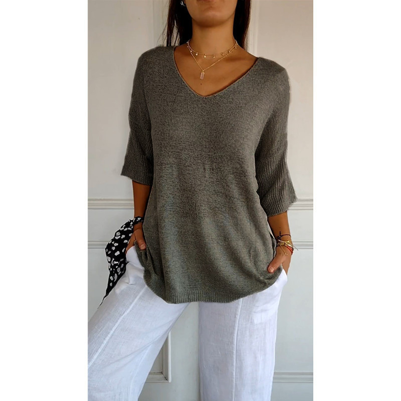 Knitted sweater casual sweater basic style slimming V-neck seven quarter sleeve solid color knitted sweater womens base shirt 250514