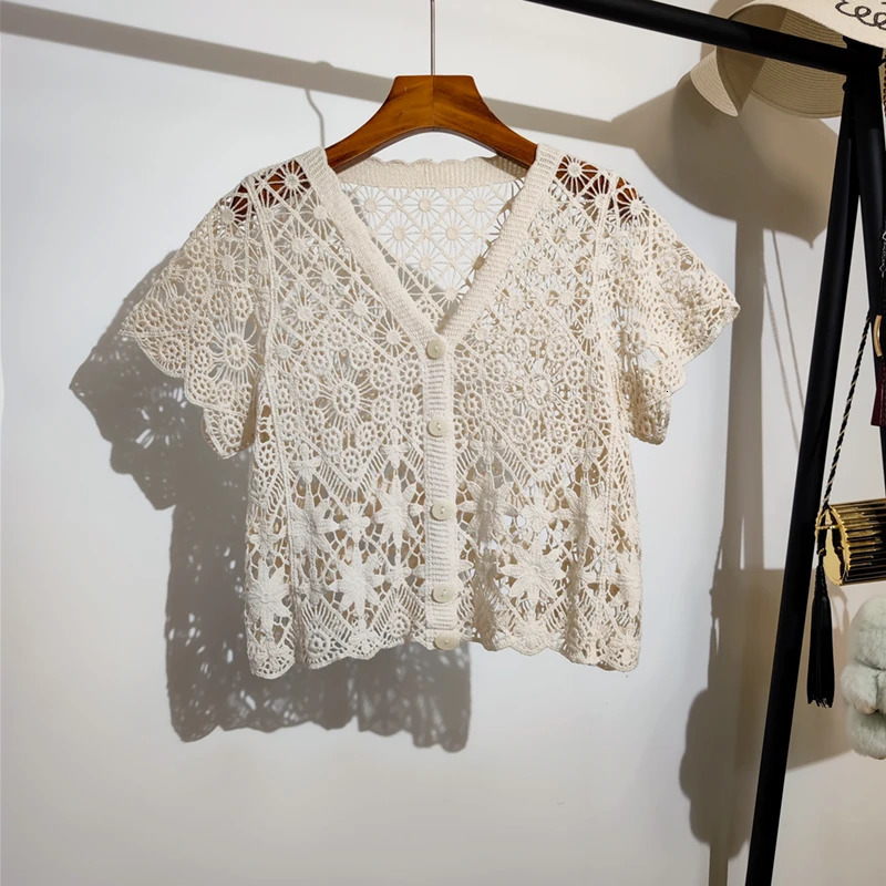 Sheer Crochet Top Button Front VNeck Short Sleeve Openknit y Blouse Women Summer Boho Vacation Outfit 250514