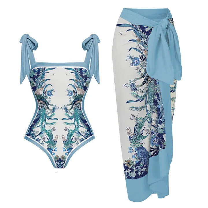 New double-sided European and American one-piece women's conservative vacation swimsuit chiffon printed wrapped skirt set 2025 new casual versati