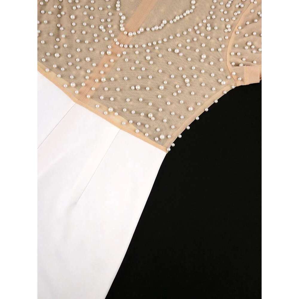 Plus Size Jumpsuits for Women See Through Beading Long Sleeve Beige Black Empire Wide Leg One Piece Outfits Rompers