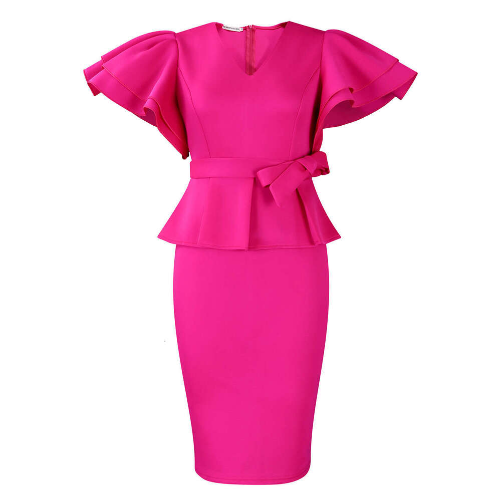 Women's Wear New Fashionable And Elegant Ruffle Edge Solid Color Hip Hugging Banquet Dress