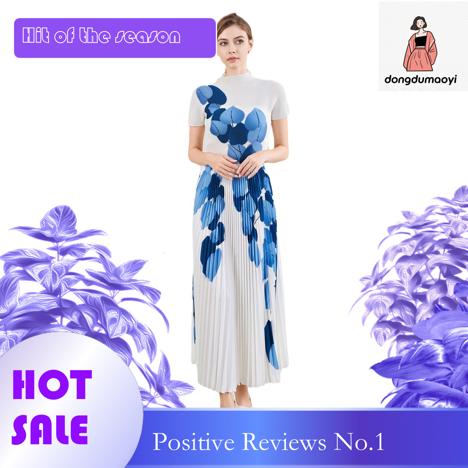 dongdumaoyi Fashionable printed pleated top, long T-shirt summer new style, three bedroom half skirt, two-piece set, women's clothing