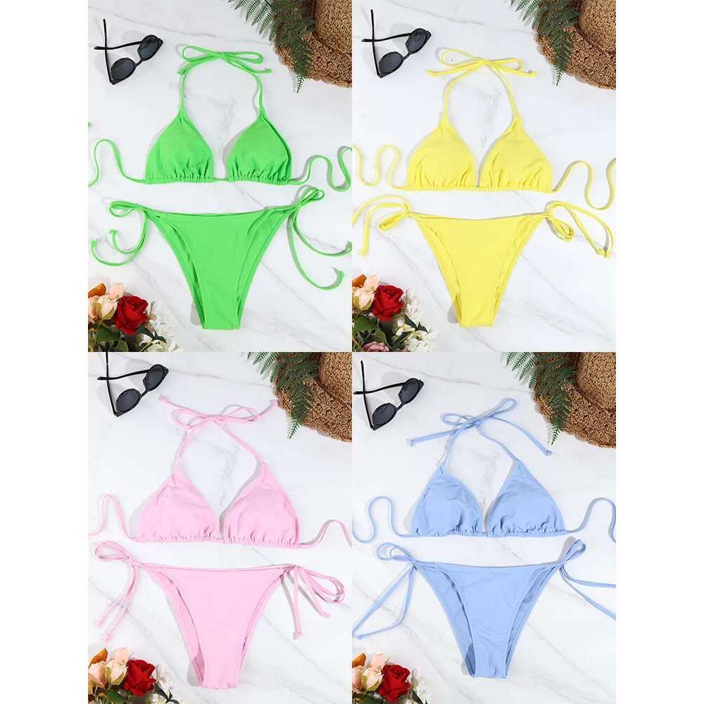 2 Pc Sexy Women Thong Solid Color Bikini Set Side Halter Tie Swimsuit Ladies Split Strap Adjustable Brazilian Swimwear Beachwear
