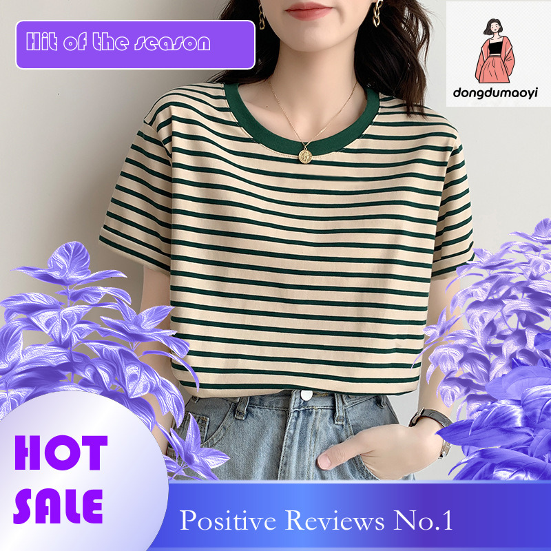dongdumaoyi Round neck short sleeved for women in summer 2025, new women's clothing thin, loose and versatile striped T-shirt top