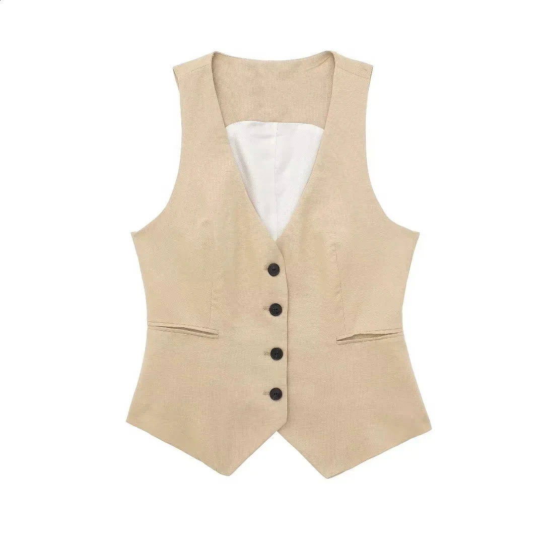 TRAF fashion womens vest linen sleeveless jacket autumn Korean black and white suit top 250506