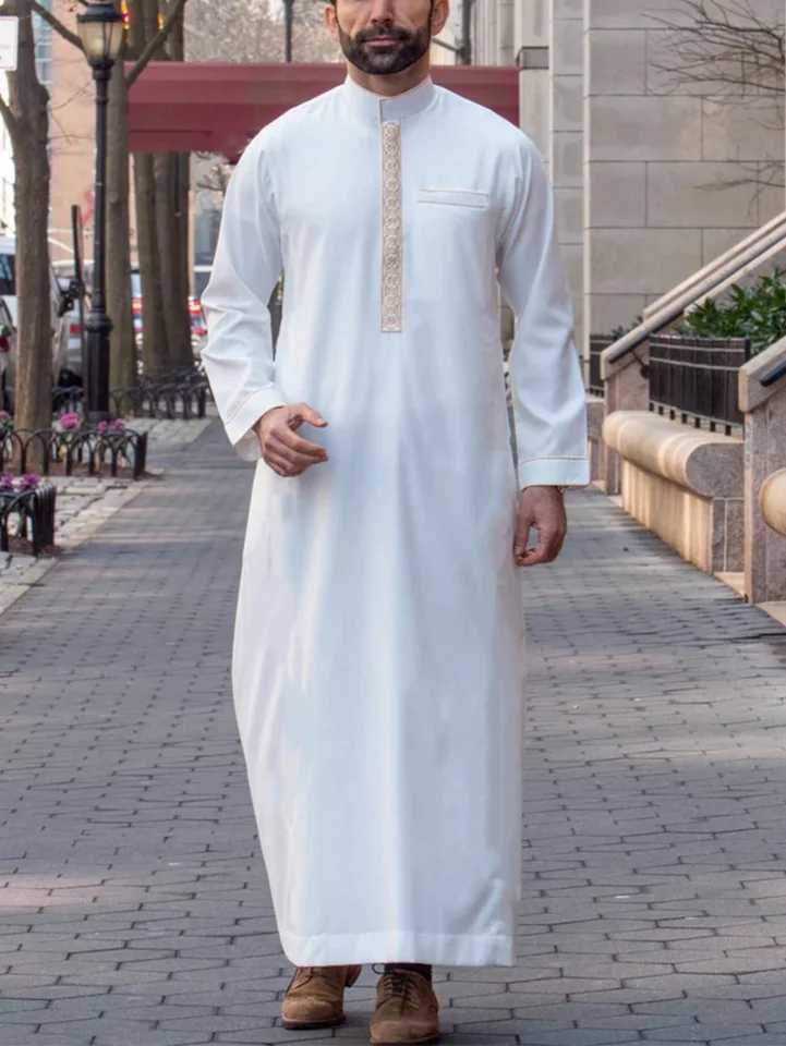 Luxury mens Islam Muslim Arab mens robe long sleeve embroidered stand collar Arab men thobe X250514