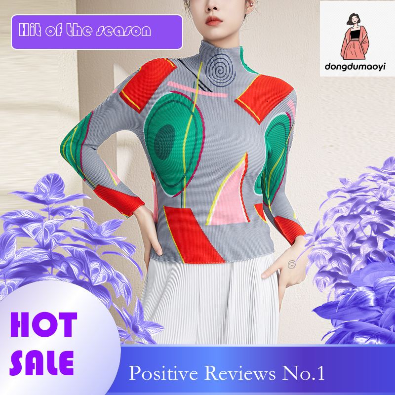 dongdumaoyi Miyake Half High Neck T-shirt for Women 2024 Spring and Autumn New Style Large Fold Casual Interior Top Long Sleeve Bottom Shirt