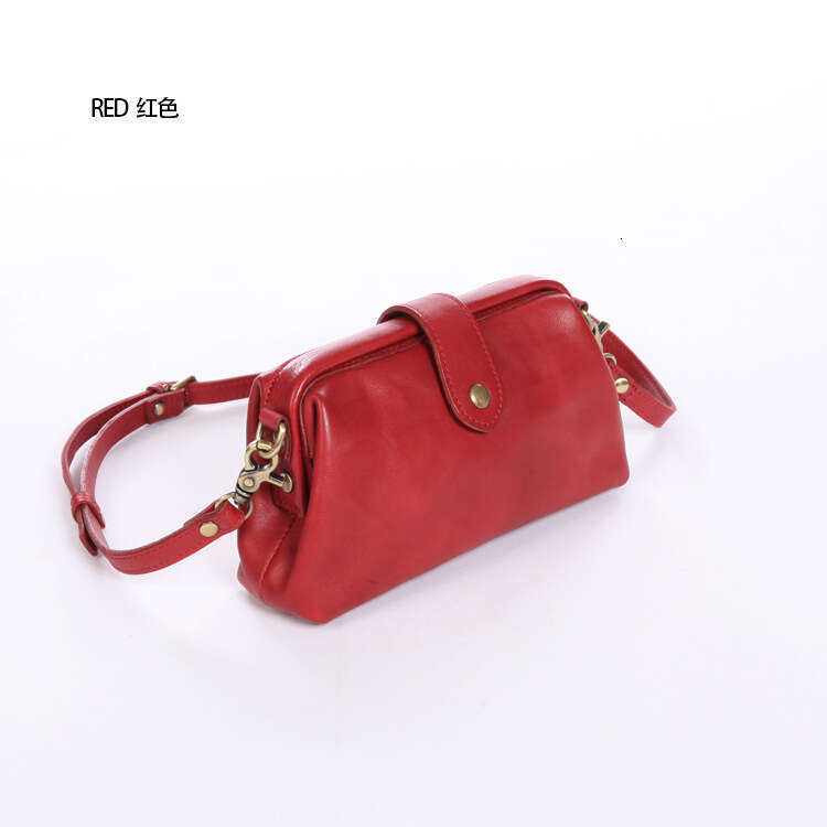 2025 New Genuine Women's Top Layer Cowhide Clip Bag, Casual Vegetable Tanned Leather Box, Mouth, Gold Fan, You Crossbody Bag