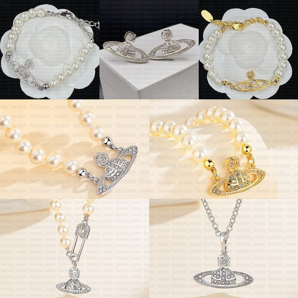 Beaded Pearl Planet Necklaces bracelet earring Pin Saturn Necklace Women Diamond Copper 18K Gold Plated Galaxy Designer Jewelry Mother of pearl chain for Wedding