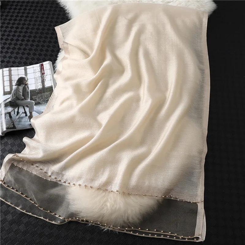 Fashion Women Silk Cotton Blend Scarf Shawl Plain Soft Wild Beaded Turban Match Ladies Travel Sun Protection Scarves 250514