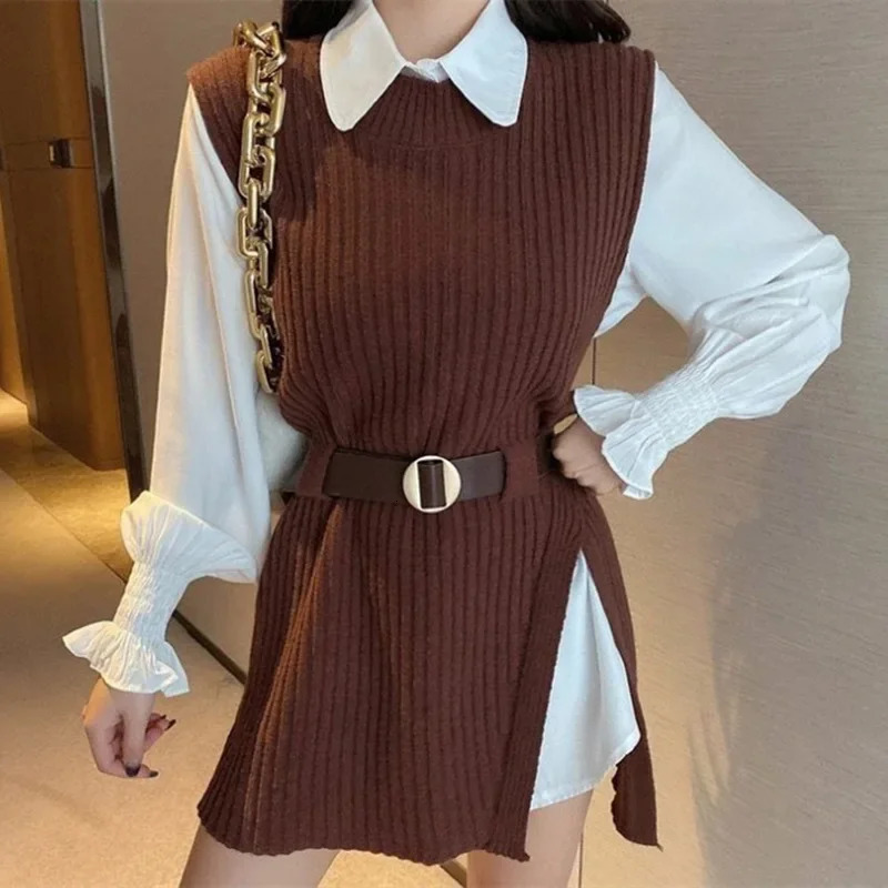 Womens Mid-Length Knitted Sweater Set Slimming Waist Tie Two-Piece Suite Spring Autumn Style Comfortable Breathable 250514