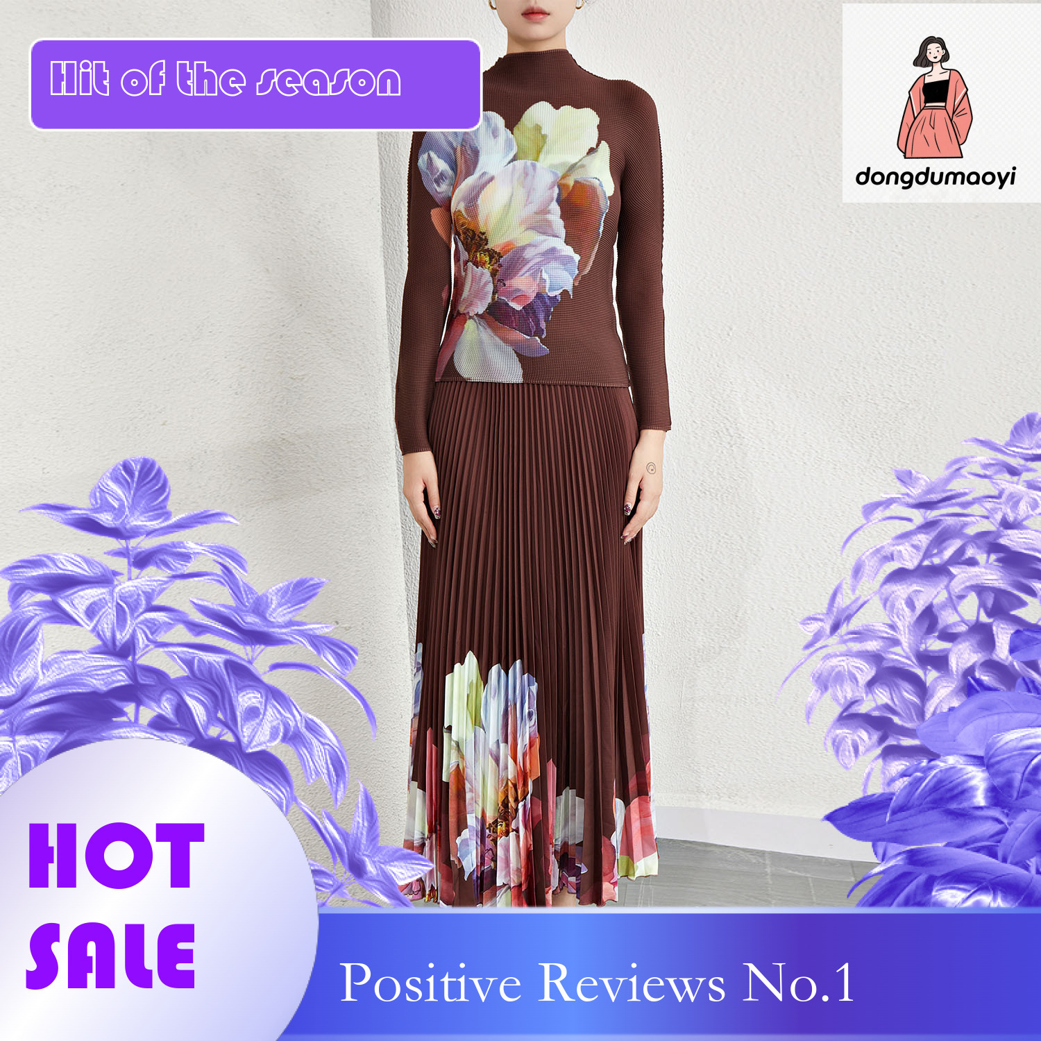 dongdumaoyi Women's clothing niche design pleated print stand up collar pullover flower long sleeved T-shirt half skirt two-piece set