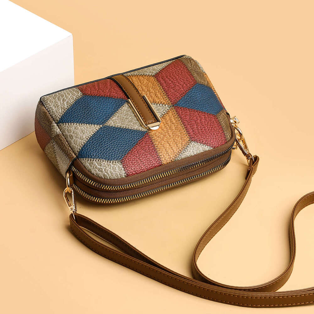 2025 Color blocked Splicing Versatile National Style Double Zipper Single Shoulder Crossover Change Phone Bag New Casual Fashion Trend