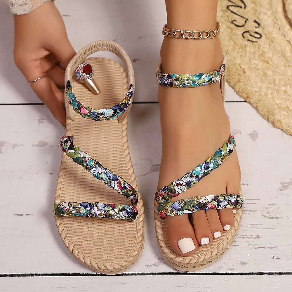 ral Printing Flat Sandals for Women Summer Lightweight Slip On Beach Shoes Woman Braided Band Bohemian Sandalas Mujer