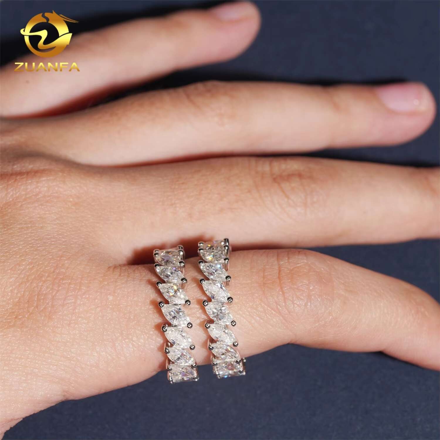 Pass Diamond Tester 925 Sterling Silver Marquise Hip Hop Eternity Band Moissanite Diamond Ring