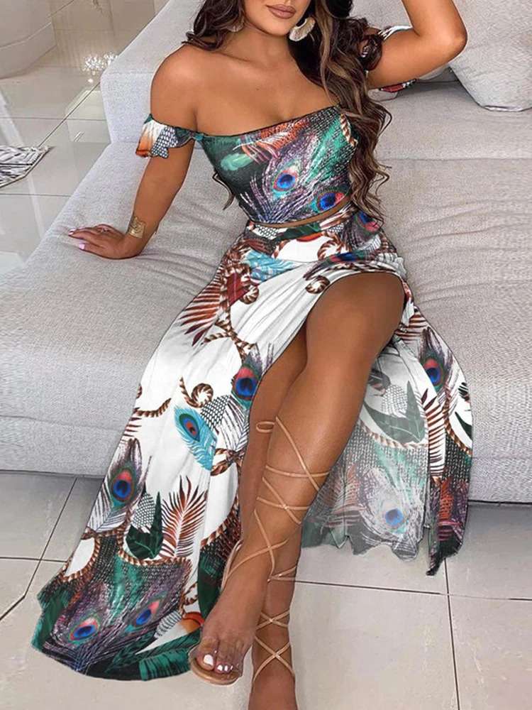 2-Piece Boho Chic Ensemble Off-Shoulder Smocked Tube Top Floral High-Waist Split Maxi Skirt Summer Women Casual Wear Dress Sets 250513