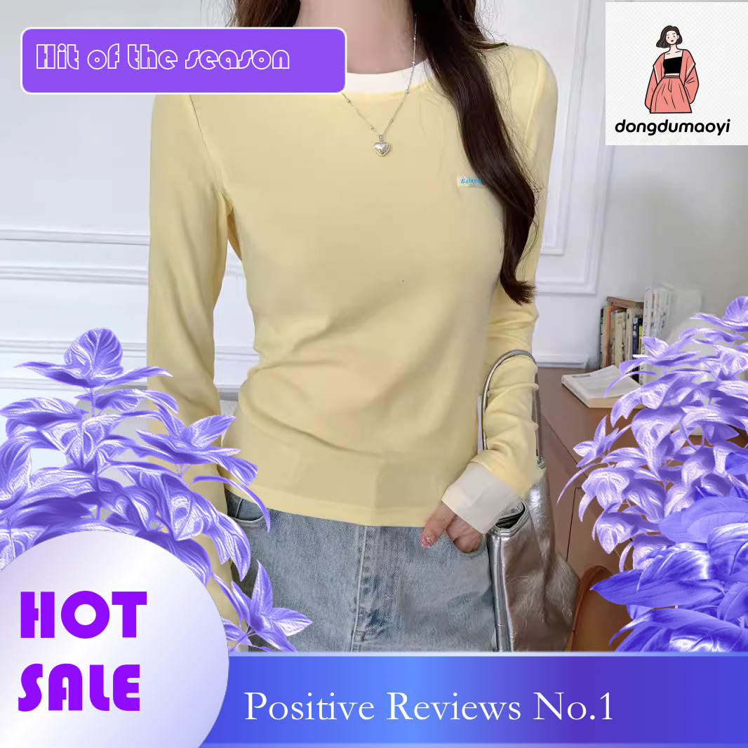 dongdumaoyi 2024 early autumn round neck contrasting long sleeved T-shirt for women, new fake two-piece slim fit, slimming effect, inner bottom layer,